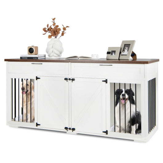 Double Dog Crate Furniture Large Breed Wood Dog Kennel with Room Divider-White Cheap