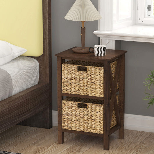 3 4-Tier Nightstand with 2 Seagrass Baskets Narrow X-Design-3-Tier Fashion