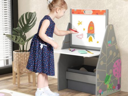 3 in 1 Kids Easel and Play Station Convertible with Chair and Storage Bins-Gray For Sale