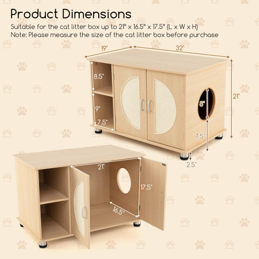 Cat Litter Box Enclosure with Sisal Scratching Doors and Adjustable Metal Feet-Natural Hot on Sale