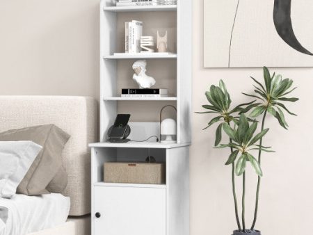 Bedside Tables Tall Nightstands with 5 Open Shelf and Cabinet-White on Sale