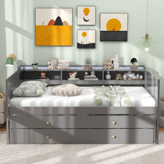 Twin XL Captain Bed with 2 Twin Trundle Beds and 3 Storage Cubbies-Gray Hot on Sale