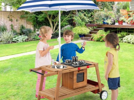 Wooden Play Cart with Sun Proof Umbrella for Toddlers Over 3 Years Old-Blue Online Hot Sale