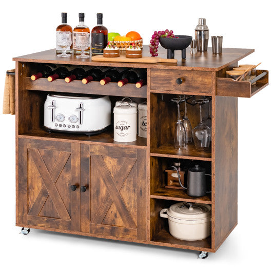 Rolling Kitchen Island Cart with Drop Leaf and Wine Rack-Rustic Brown Online Hot Sale