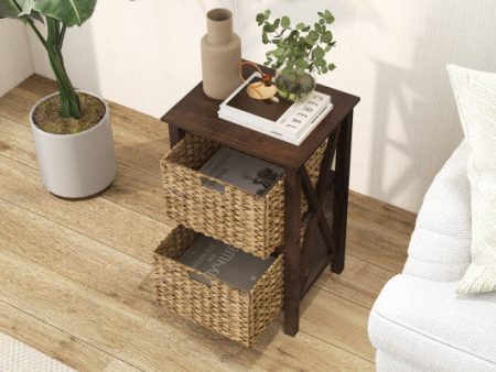 3 4-Tier Nightstand with 2 Seagrass Baskets Narrow X-Design-3-Tier Fashion