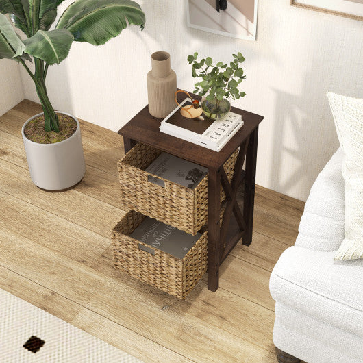 3 4-Tier Nightstand with 2 Seagrass Baskets Narrow X-Design-3-Tier Fashion