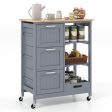 Kitchen Island Cart on Wheels with Rubber Wood Top and 3 Drawersand Removable Tray-Gray Supply