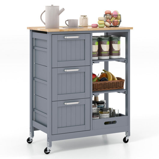 Kitchen Island Cart on Wheels with Rubber Wood Top and 3 Drawersand Removable Tray-Gray Supply