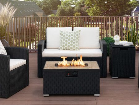 32 x 20 Inch Propane Rattan Fire Pit Table Set with Side Table Tank and Cover-Black Discount