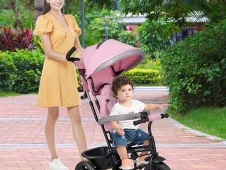 4-in-1 Baby Trike Kids Tricycle with Removable Canopy and Adjustable Push Handle-Pink Fashion