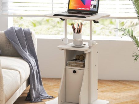 Adjustable Mobile Standing Desk Cart with Tilt Desktop and Cabinet-White on Sale