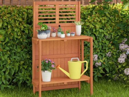 Folding Garden Potting Bench with 2-tier Storage Shelves and Teak Oil Finish for Garden Yard Balcony Discount