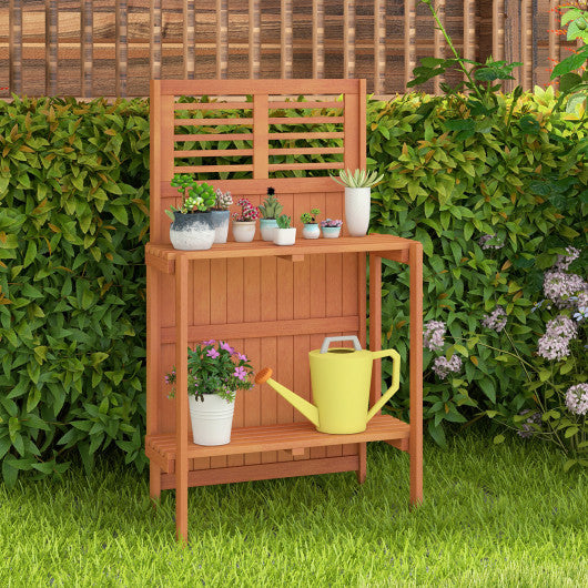 Folding Garden Potting Bench with 2-tier Storage Shelves and Teak Oil Finish for Garden Yard Balcony Discount