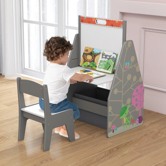 3 in 1 Kids Easel and Play Station Convertible with Chair and Storage Bins-Gray For Sale