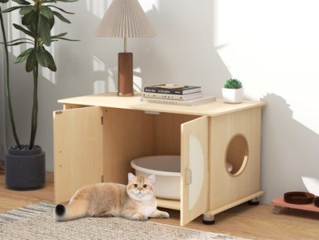 Cat Litter Box Enclosure with Sisal Scratching Doors and Adjustable Metal Feet-Natural Hot on Sale