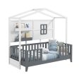 Twin Wood House Bed Montessori Floor Bed with 2 Shelves and Guardrails-Gray & White Supply