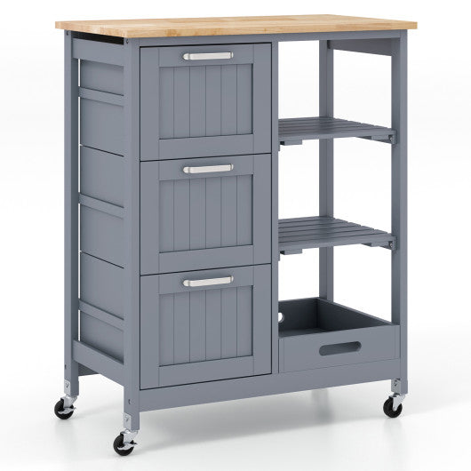 Kitchen Island Cart on Wheels with Rubber Wood Top and 3 Drawersand Removable Tray-Gray Supply