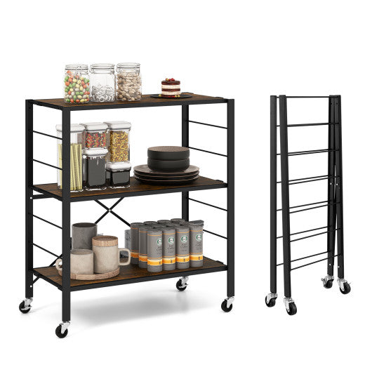 3-Tier Foldable Shelving Unit with Detachable Wheels and Adjustable Shelves-Black Online