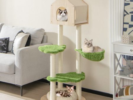 55 Inch Tall Cat Climbing Stand with Sisal Scratching Posts and Soft Cat Bed for Indoor Kittens-Green Hot on Sale