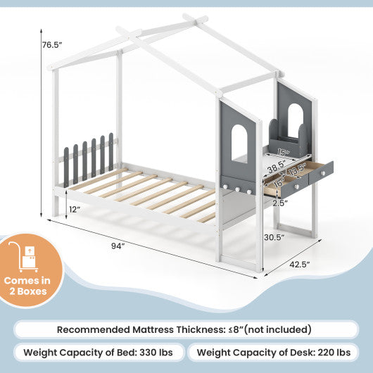 Twin Full Bed Frame with House Roof Canopy and Fence for Kids-Twin Size Online Hot Sale