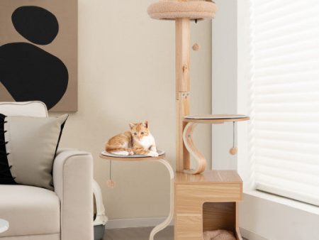 4-Layer Wooden Cat Tree 51  Tall Cat Tower with Condo and Washable Cushions-Natural Sale