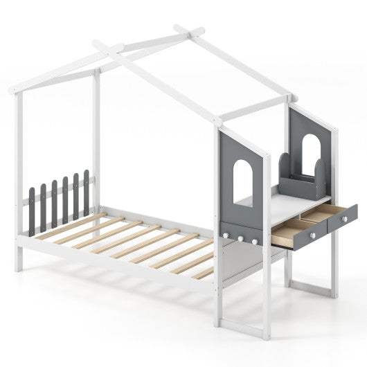 Twin Full Bed Frame with House Roof Canopy and Fence for Kids-Twin Size Online Hot Sale