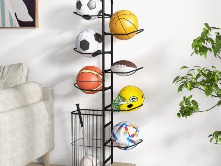 Metal Basketball Holder with 7 Removable Hanging Rods and Side Ball Basket Sale