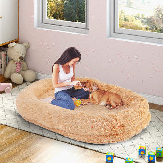 Washable Fluffy Human Dog Bed with Soft Blanket and Plump Pillow-Brown Online now