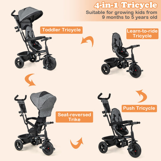 4-in-1 Baby Trike Kids Tricycle with Removable Canopy and Adjustable Push Handle-Gray Online Hot Sale