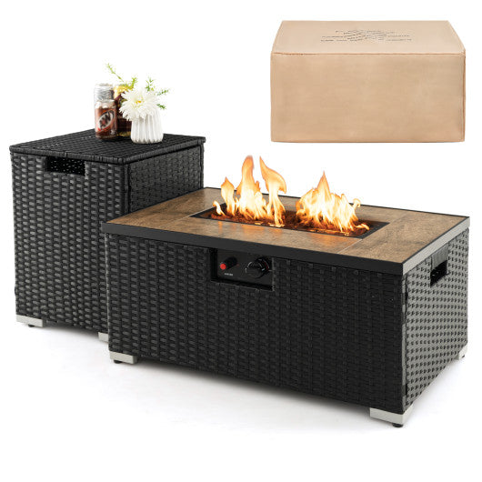 32 x 20 Inch Propane Rattan Fire Pit Table Set with Side Table Tank and Cover-Black Discount