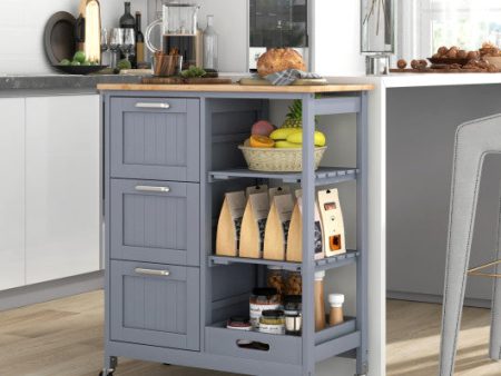 Kitchen Island Cart on Wheels with Rubber Wood Top and 3 Drawersand Removable Tray-Gray Supply