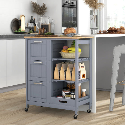 Kitchen Island Cart on Wheels with Rubber Wood Top and 3 Drawersand Removable Tray-Gray Supply