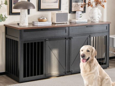 Double Dog Crate Furniture Large Breed Wood Dog Kennel with Room Divider-Black Online Sale