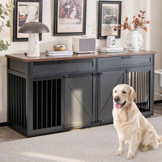 Double Dog Crate Furniture Large Breed Wood Dog Kennel with Room Divider-Black Online Sale