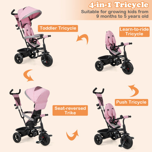 4-in-1 Baby Trike Kids Tricycle with Removable Canopy and Adjustable Push Handle-Pink Fashion