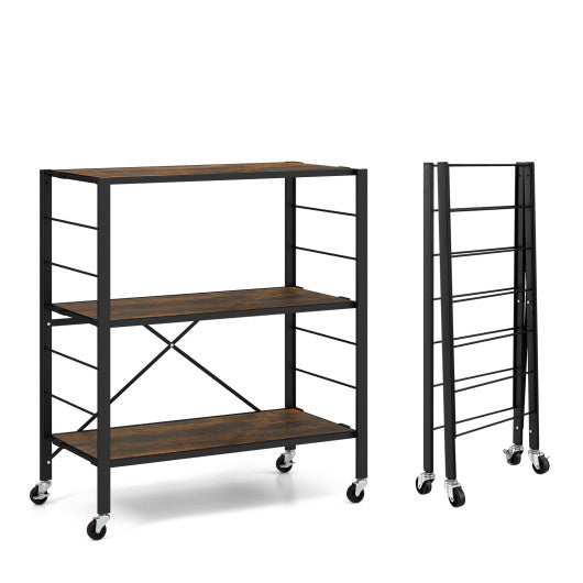 3-Tier Foldable Shelving Unit with Detachable Wheels and Adjustable Shelves-Black Online