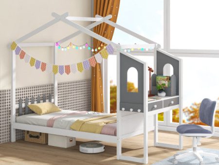 Twin Full Bed Frame with House Roof Canopy and Fence for Kids-Twin Size Online Hot Sale