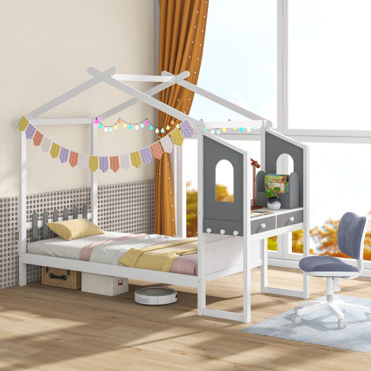 Twin Full Bed Frame with House Roof Canopy and Fence for Kids-Twin Size Online Hot Sale