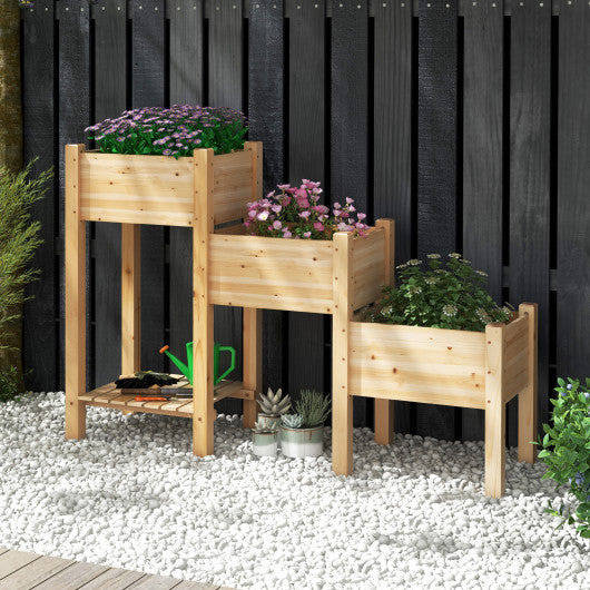 3-Tier Wooden Raised Garden Bed with Open Storage Shelf-Natural Cheap