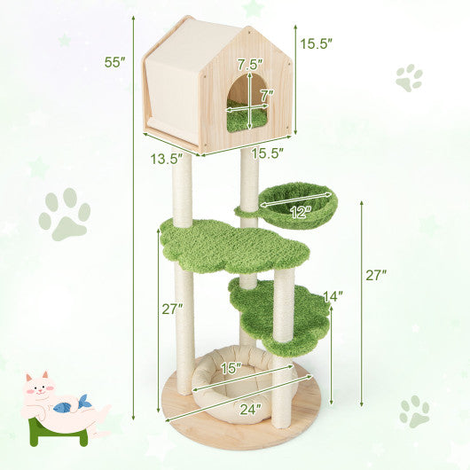 55 Inch Tall Cat Climbing Stand with Sisal Scratching Posts and Soft Cat Bed for Indoor Kittens-Green Hot on Sale