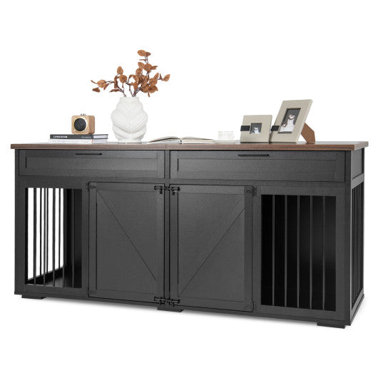 Double Dog Crate Furniture Large Breed Wood Dog Kennel with Room Divider-Black Online Sale