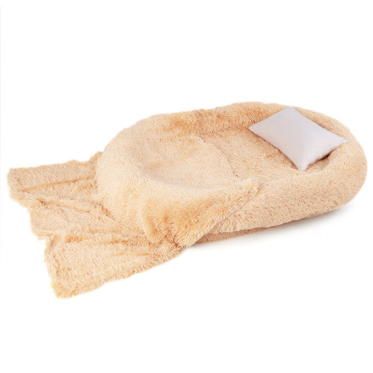 Washable Fluffy Human Dog Bed with Soft Blanket and Plump Pillow-Brown Online now