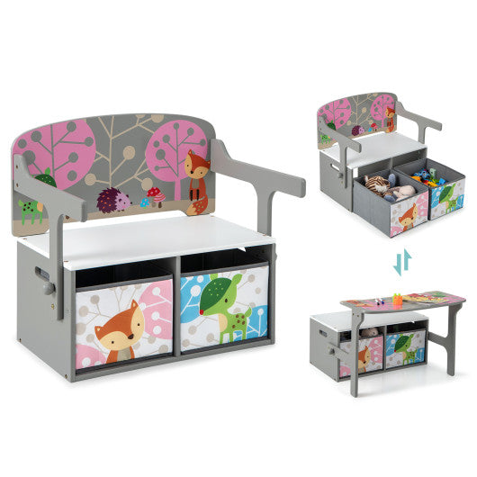 3 in 1 Kids Convertible Activity Bench with 2 Removable Fabric Bins-Gray Supply