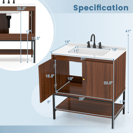 31 Inch Bathroom Vanity Sink Combo with Doors and Open Shelf-Walnut Online Hot Sale