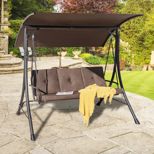 3-Seat Outdoor Porch Swing with Adjustable Canopy and Padded Cushions-Brown Hot on Sale