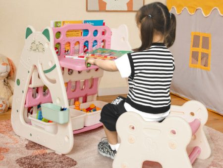 3-In-1 Double Sided Magnetic Dry-Erase Board with Stool and Flipped Writing Desktop-Pink For Sale