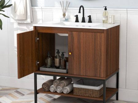 31 Inch Bathroom Vanity Sink Combo with Doors and Open Shelf-Walnut Online Hot Sale