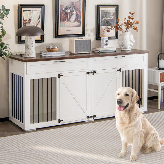 Double Dog Crate Furniture Large Breed Wood Dog Kennel with Room Divider-White Cheap