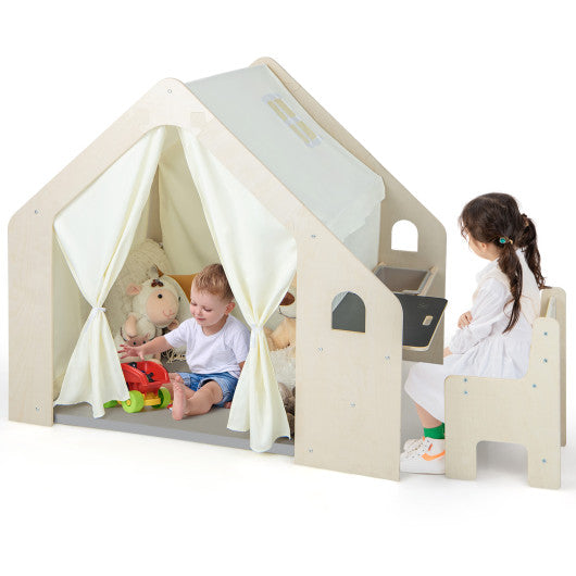 Montessori Style Indoor Playhouse with Storage Bin and Floor Mat for Toddlers Aged 2-6 Years Old-Beige Online Hot Sale