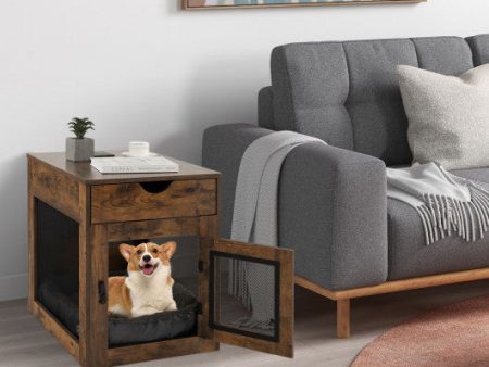 Furniture Style Dog Kennel with Drawer and Removable Dog Bed-Coffee on Sale